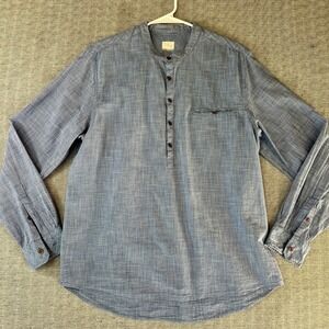Nicobar Men Blue Chambray band-collar pullover Half Button Long Sleeve Shirt L